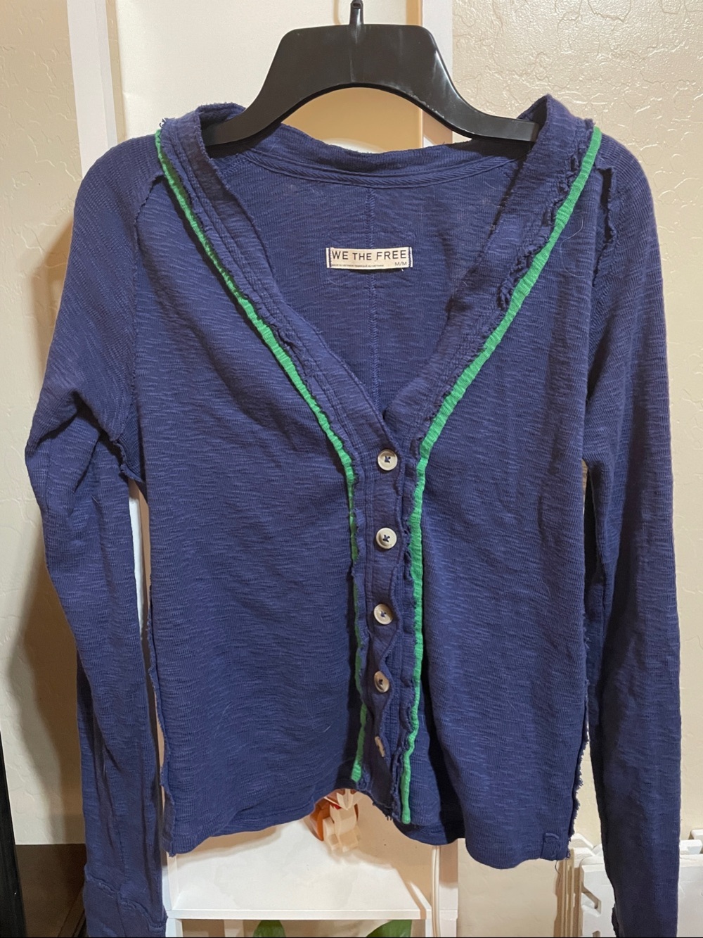 We The Free Navy Button-Front Top with Green Trim